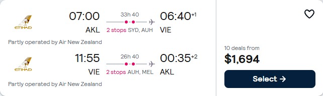 Summer flights from Auckland, New Zealand to Vienna, Austria for only $1694 NZD roundtrip with Air New Zealand and Etihad Airways. Flight deal ticket image.