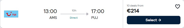 Click here to book this cheap flight deal. Non-stop flights from Amsterdam, Netherlands to the Dominican Republic for only €214 one-way. Flight deal ticket image.