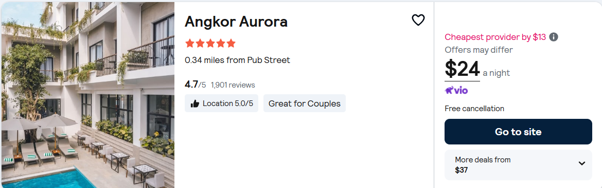 Stay at the 5* Angkor Aurora in Siem Reap, Cambodia for only $24 USD per night. Flight deal ticket image.