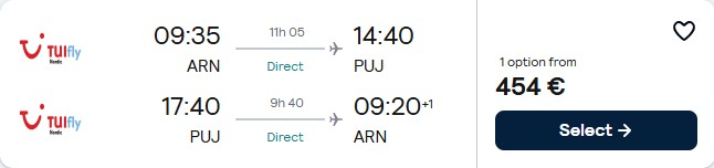 Non-stop, last minute flights from Stockholm, Sweden to the Dominican Republic for only €454 roundtrip. Flight deal ticket image.
