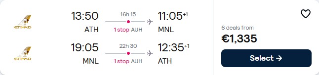 Click here to book this cheap flight deal. Business Class flights from Athens, Greece to Manila, Philippines for only €1335 roundtrip with Etihad Airways. Flight deal ticket image.