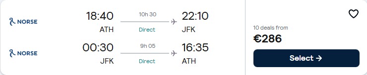 Click here to book this cheap flight deal. Non-stop, last minute flights from Athens, Greece to New York, USA for only €286 roundtrip. Flight deal ticket image.