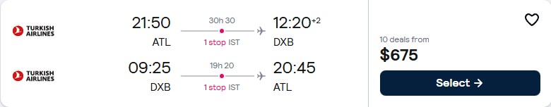 Cheap flights from Atlanta to Dubai, UAE for only $675 roundtrip with Turkish Airlines. Flight deal ticket image.