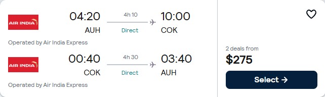 Click here to book this cheap flight deal. Non-stop flights from Abu Dhabi, UAE to Kochi, India for only $275 USD roundtrip. Flight deal ticket image.