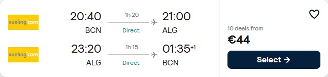 Click here to book this cheap flight deal. Non-stop flights from Barcelona, Spain to Algiers, Algeria for only €44 roundtrip. Flight deal ticket image.