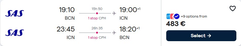 Click here to book this cheap flight deal. Cheap flights from Barcelona, Spain to Seoul, South Korea for only €483 roundtrip with Scandinavian Airlines. Flight deal ticket image.