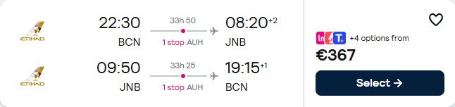 Click here to book this cheap flight deal. Cheap flights from Barcelona, Spain to Johannesburg, South Africa for only €367 roundtrip with Etihad Airways. Flight deal ticket image.
