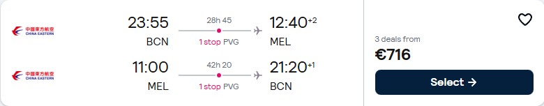 Click here to book this cheap flight deal. Cheap flights from Barcelona, Spain to Melbourne, Australia for only €716 roundtrip. Flight deal ticket image.