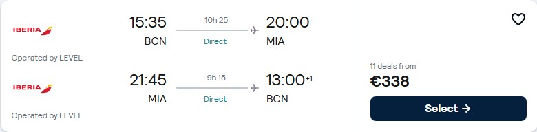 Non-stop flights from Barcelona, Spain to Miami, USA for only €328 roundtrip. Flight deal ticket image.