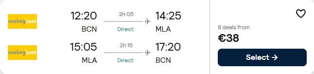Click here to book this cheap flight deal. Non-stop flights from Barcelona, Spain to Malta for only €38 roundtrip. Flight deal ticket image.