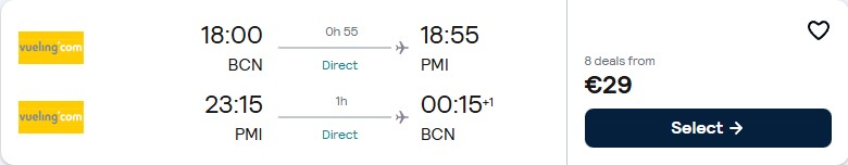 Click here to book this cheap flight deal. Non-stop flights from Barcelona, Spain to Palma de Mallorca, Spain for only €28 roundtrip. Flight deal ticket image.