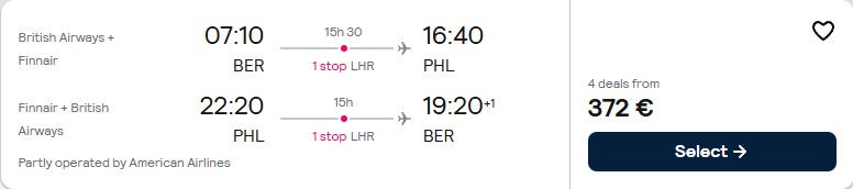 Cheap flights from Berlin, Germany to Philadelphia, USA for only €370 roundtrip with British Airways and American Airlines. Flight deal ticket image.