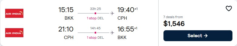 Business Class flights from Bangkok, Thailand to Copenhagen, Denmark for only $1546 USD roundtrip. Flight deal ticket image.