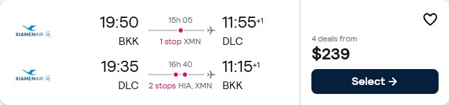 Cheap flights from Bangkok, Thailand to Dalian, China for only $239 USD roundtrip with Xiamen Airlines. Flight deal ticket image.