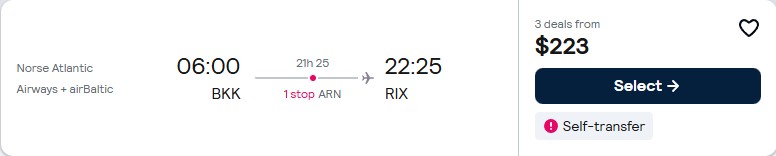 Cheap flights from Bangkok, Thailand to Riga, Latvia for only $225 USD one-way. Flight deal ticket image.