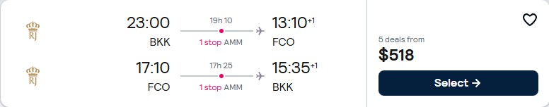 Cheap flights from Bangkok, Thailand to Rome, Italy for only $518 USD roundtrip. Flight deal ticket image.