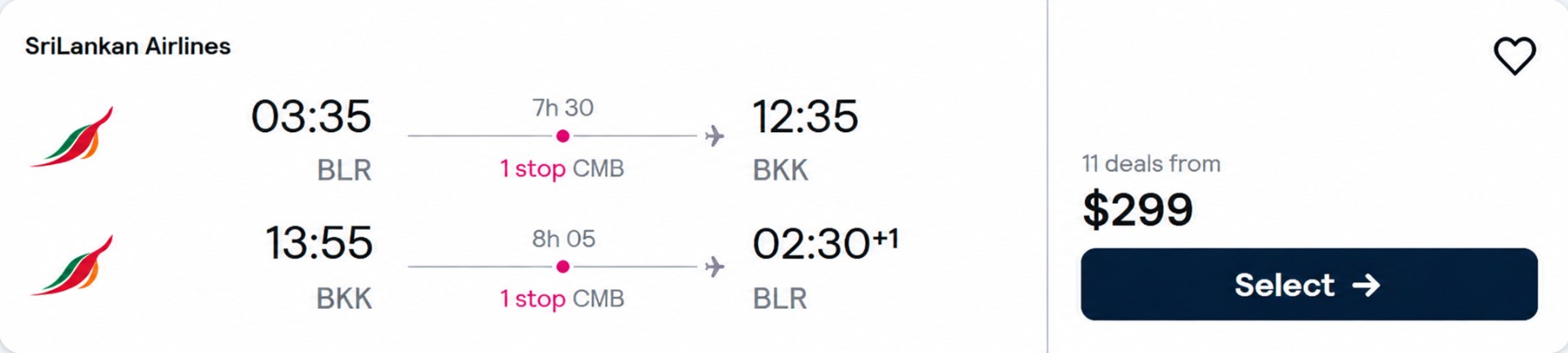 Click here to book this cheap flight deal. Cheap flights from Bangalore, India to Bangkok, Thailand for only $299 USD roundtrip with SriLankan Airlines. Flight deal ticket image.