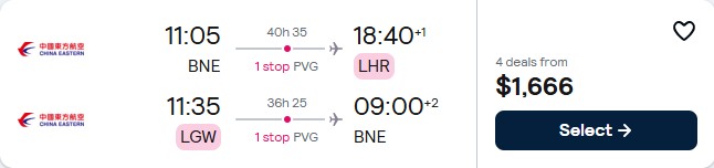 Click here to book this cheap flight deal. Cheap flights from Brisbane, Australia to London, UK for only $1666 AUD roundtrip. Flight deal ticket image.