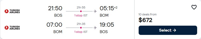 Cheap flights from Boston to Mumbai, India for only $672 roundtrip with Turkish Airlines. Flight deal ticket image.