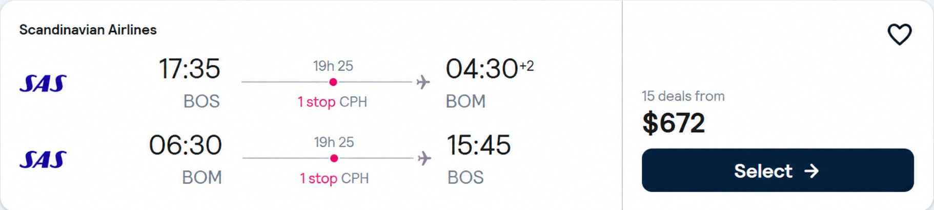 Cheap flights from Boston to Mumbai, India for only $672 roundtrip with Scandinavian Airlines. Flight deal ticket image.