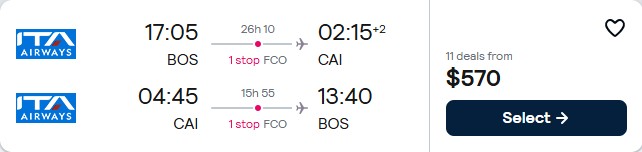 Cheap flights from Boston to Cairo, Egypt for only $570 roundtrip. Flight deal ticket image.