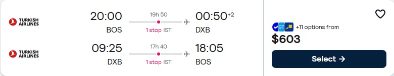 Click here to book this cheap flight deal. Cheap flights from Boston to Dubai, UAE for only $600 roundtrip with Turkish Airlines. Flight deal ticket image.