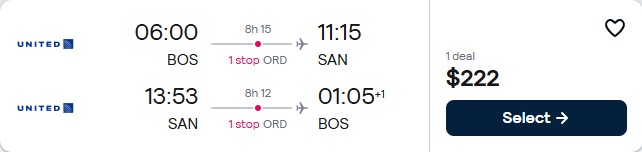 Click here to book this cheap flight deal. Summer flights from Boston to San Diego for only $222 roundtrip with United Airlines. Also works in reverse. Flight deal ticket image.