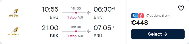 Click here to book this cheap flight deal. Cheap flights from Brussels, Belgium to Bangkok, Thailand for only €448 roundtrip with Etihad Airways. Flight deal ticket image.