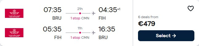 Cheap flights from Brussels, Belgium to Kinshasa, Democratic Republic of Congo for only €479 roundtrip with Royal Air Maroc. Flight deal ticket image.