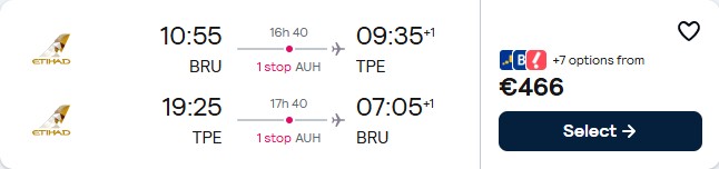 Cheap flights from Brussels, Belgium to Taipei, Taiwan for only €466 roundtrip with Etihad Airways. Flight deal ticket image.