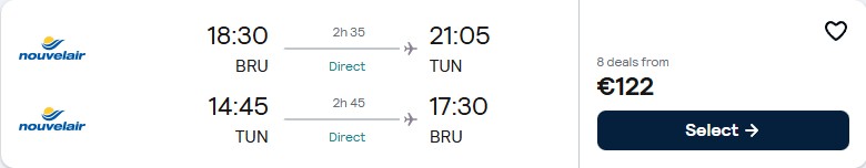 Non-stop flights from Brussels, Belgium to Tunis, Tunisia for only €122 roundtrip. Flight deal ticket image.