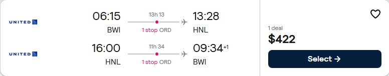 Cheap flights from Baltimore to Honolulu, Hawaii for only $422 roundtrip with United Airlines. Also works in reverse. Flight deal ticket image.