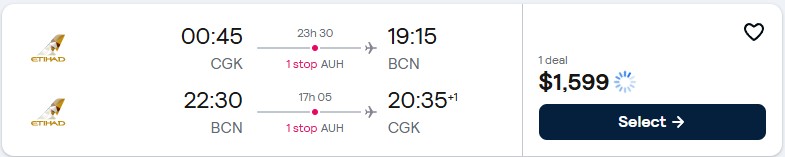 Business Class, summer flights from Jakarta, Indonesia to European cities from only $1599 USD roundtrip with Etihad Airways. Flight deal ticket image.