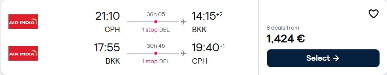 Click here to book this cheap flight deal. Business Class flights from Copenhagen, Denmark to Bangkok, Thailand for only €1424 roundtrip. Flight deal ticket image.