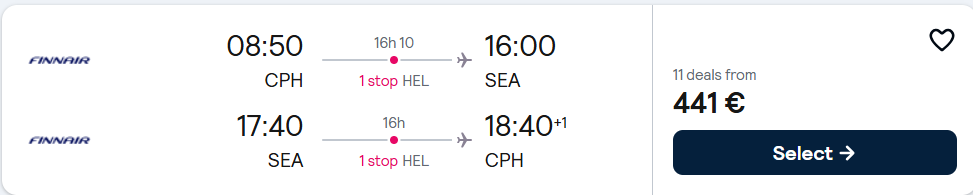 Cheap flights from Copenhagen, Denmark to Seattle, USA for only €441 roundtrip with Finnair. Flight deal ticket image.