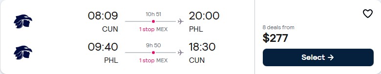 Click here to book this cheap flight deal. Cheap flights from Cancun, Mexico to Philadelphia, USA for only $277 USD roundtrip with Aeromexico. Flight deal ticket image.