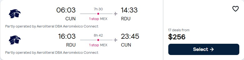 Click here to book this cheap flight deal. Cheap flights from Cancun, Mexico to Raleigh, North Carolina for only $256 USD roundtrip with Aeromexico. Flight deal ticket image.