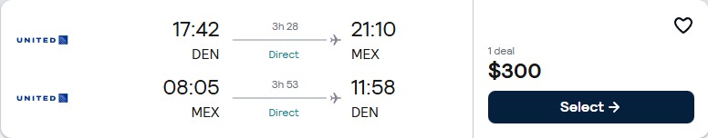 Non-stop, summer flights from Denver, Colorado to Mexico City, Mexico for only $300 roundtrip with United Airlines. Flight deal ticket image.