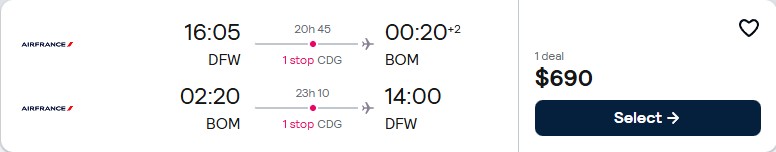 Cheap flights from Dallas, Texas to Mumbai, India for only $690 roundtrip with Air France. Flight deal ticket image.