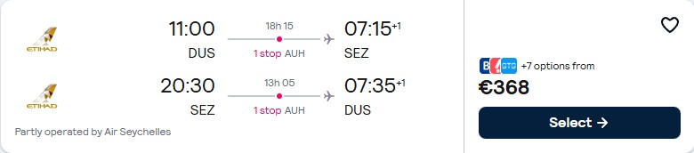 Cheap flights from Dusseldorf, Germany to the Seychelles for only €368 roundtrip with Etihad Airways. Flight deal ticket image.