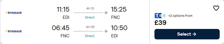 Click here to book this cheap flight deal. Non-stop flights from Edinburgh, Scotland to the Portuguese island of Madeira for only £39 roundtrip. Flight deal ticket image.