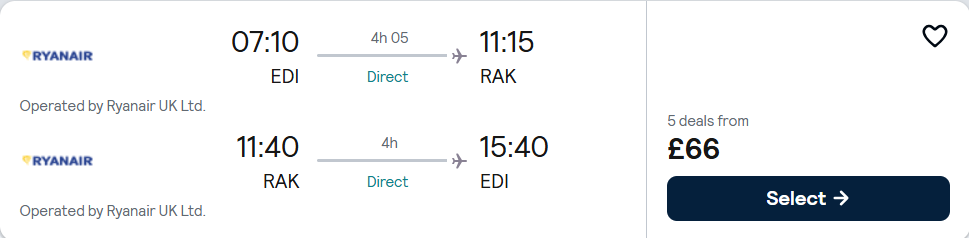 Click here to book this cheap flight deal. Non-stop, summer flights from Edinburgh, Scotland to Marrakesh, Morocco for only £66 roundtrip. Flight deal ticket image.