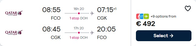 Click here to book this cheap flight deal. Cheap flights from Rome, Italy to Jakarta, Indonesia for only €492 roundtrip with Qatar Airways. Flight deal ticket image.