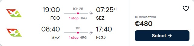 Cheap flights from Rome, Italy to the Seychelles for only €480 roundtrip. Flight deal ticket image.