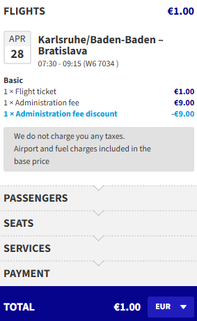 Cheap flights from Karlsruhe, Germany to Bratislava, Slovakia for only €1 roundtrip. Flight deal ticket image.