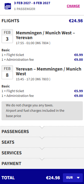 Cheap flights from Munich (Memmingen), Germany to Yerevan, Armenia for only €24 roundtrip. Flight deal ticket image.
