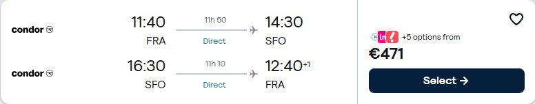 Non-stop flights from Frankfurt, Germany to San Francisco, USA for only €471 roundtrip. Flight deal ticket image.