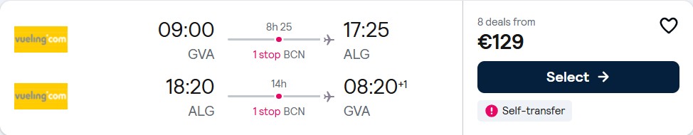 Cheap flights from Geneva, Switzerland to Algiers, Algeria for only €129 roundtrip. Flight deal ticket image.