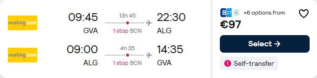Click here to book this cheap flight deal. Cheap flights from Geneva, Switzerland to Algiers, Algeria for only €97 roundtrip. Flight deal ticket image.