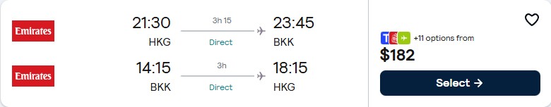 Click here to book this cheap flight deal. Non-stop flights from Hong Kong to Bangkok, Thailand for only $182 USD roundtrip with Emirates. Flight deal ticket image.